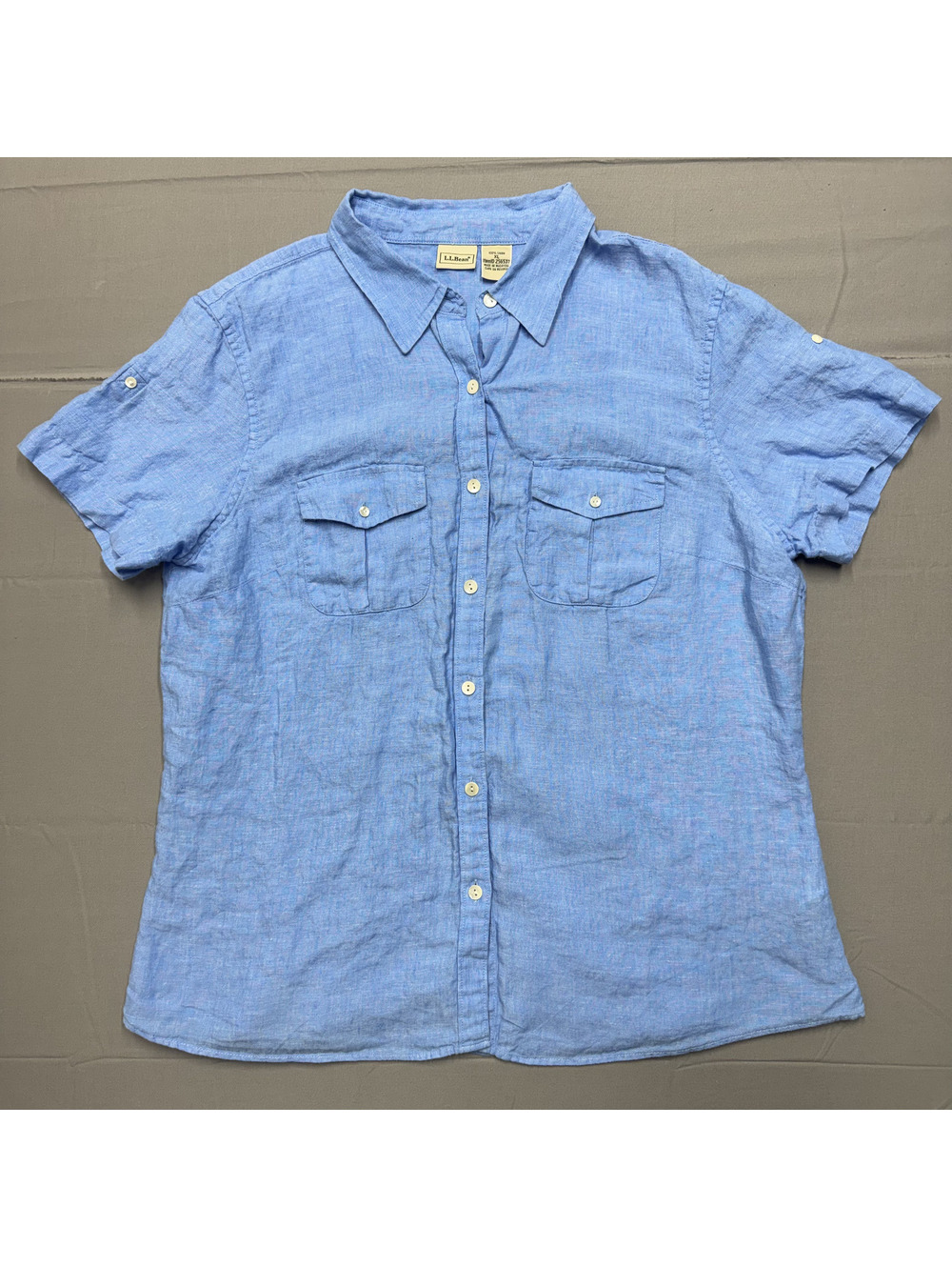 LL Bean Womens XL Linen Short Sleeve Button Down Shirt Blue Safari Utility